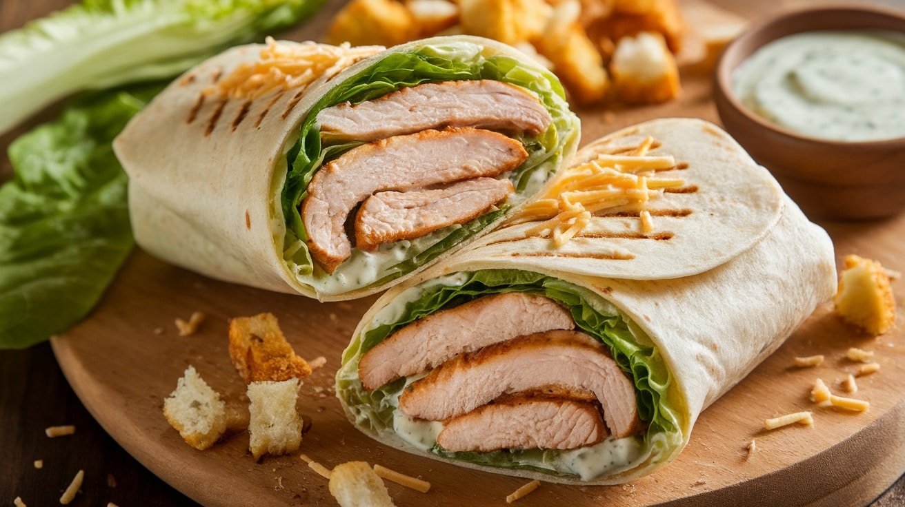 A grilled chicken Caesar wrap filled with chicken, lettuce, and dressing, cut in half, on a wooden board with croutons.