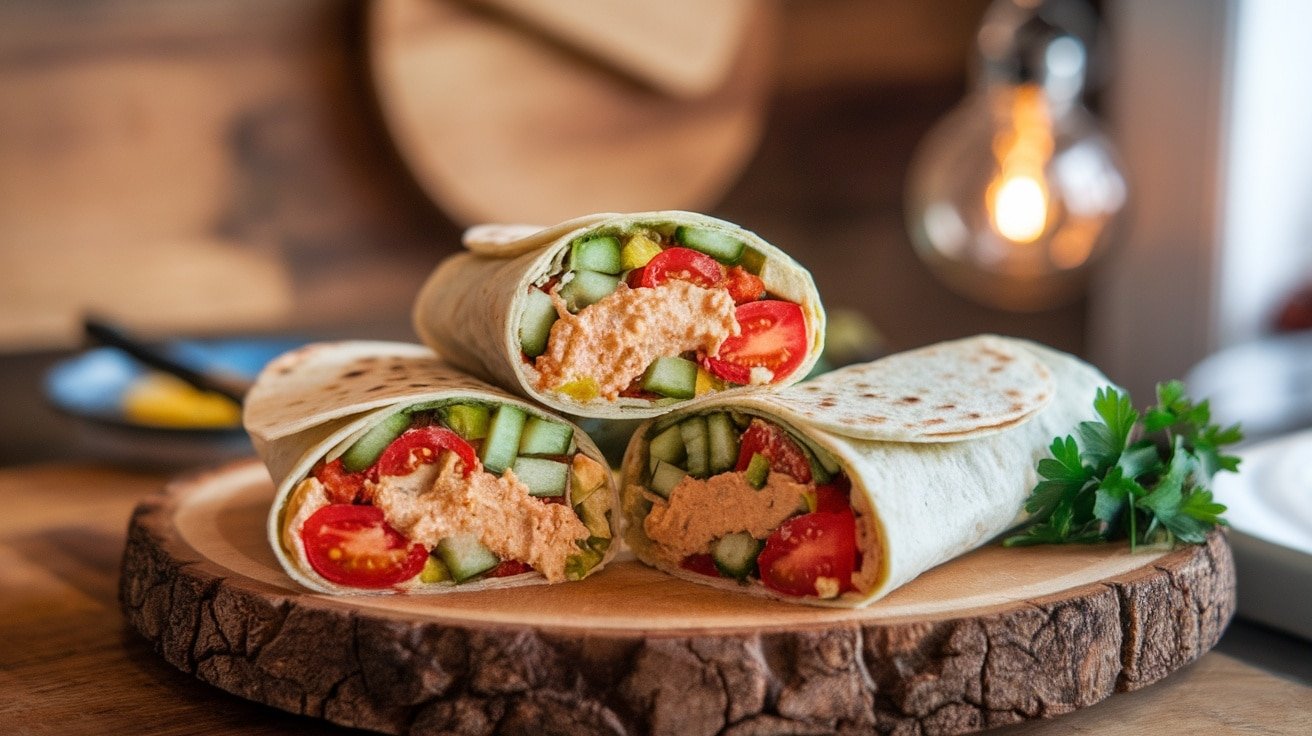 Chickpea wraps filled with cucumbers, tomatoes, and hummus, cut in half on a platter with parsley.