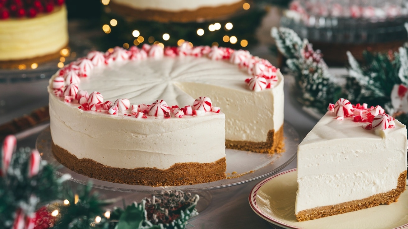 No-bake white chocolate peppermint cheesecake with candy cane garnish on a dessert table.