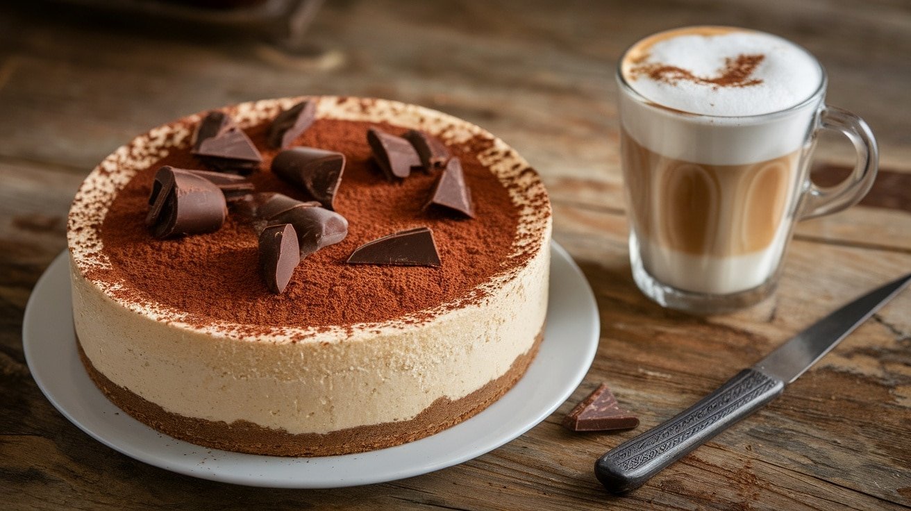 A no-bake cappuccino cheesecake on a wooden table, topped with cocoa powder and chocolate shavings, with a cappuccino cup beside it.