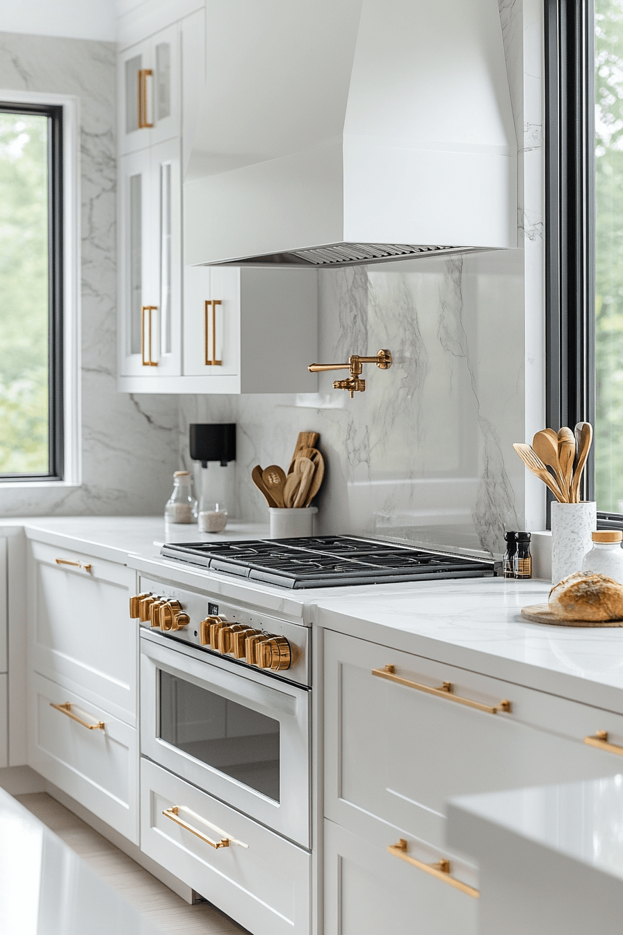 white and gold kitchen
