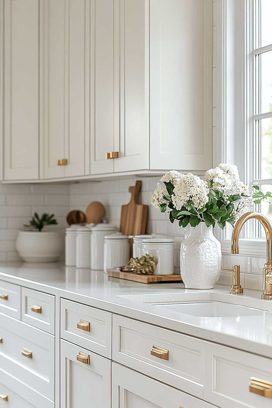 white and gold kitchen