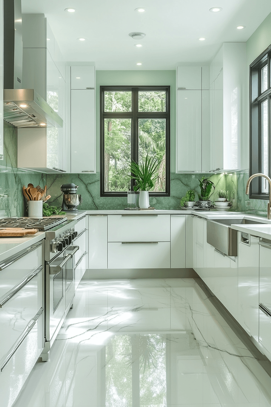 green and white kitchen