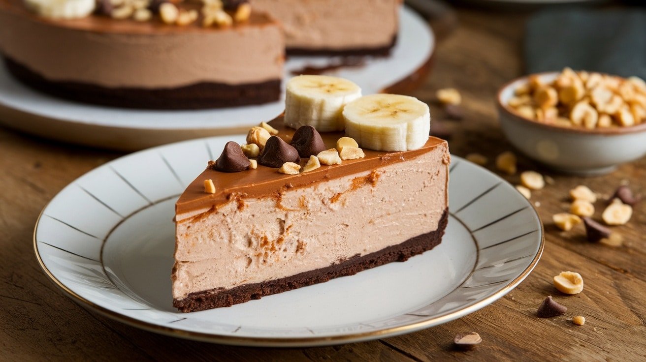 A slice of No-Bake Chocolate Peanut Butter Banana Cheesecake, garnished with banana slices and chocolate chips, on a rustic wooden table.