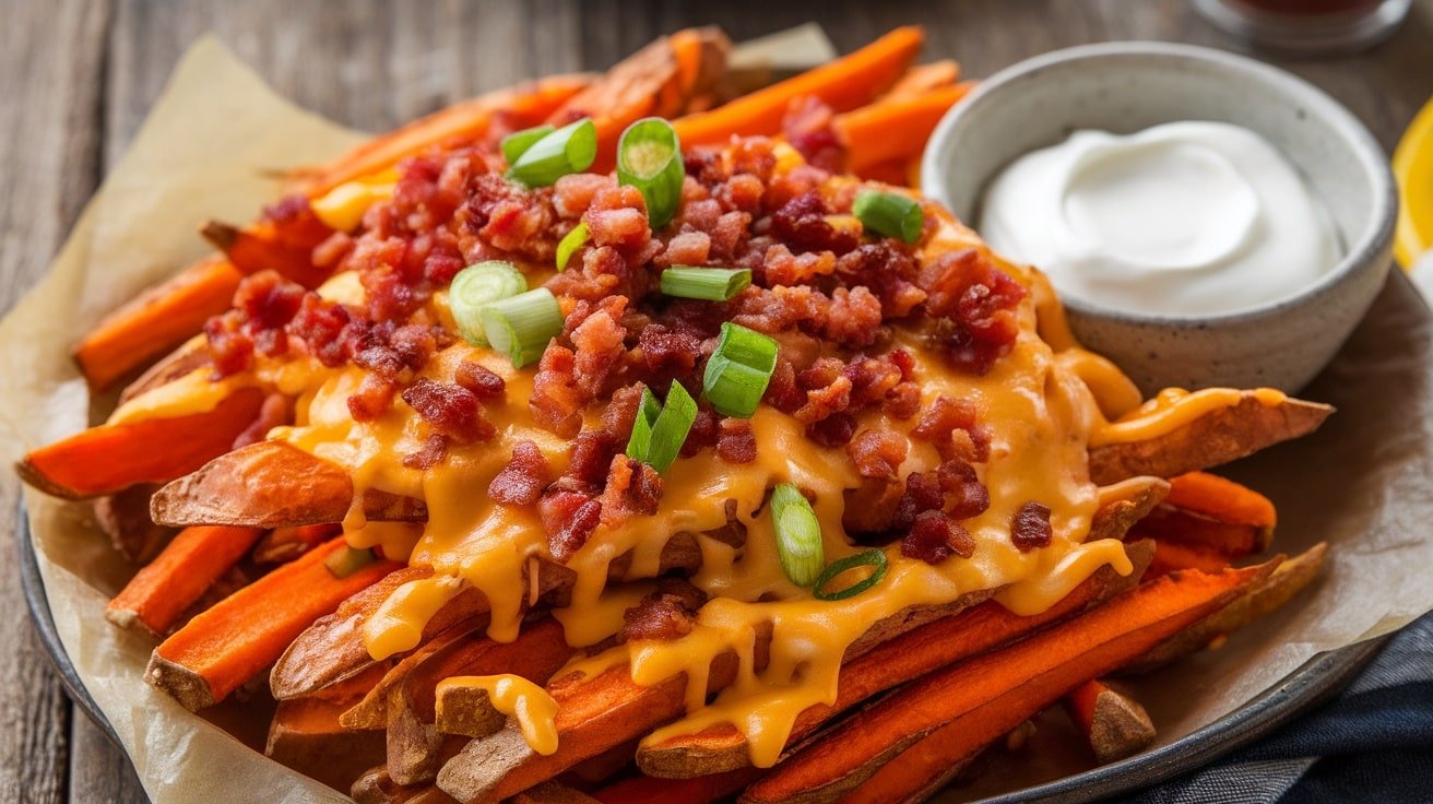 Loaded sweet potato fries topped with cheese and bacon on a wooden platter with sour cream.