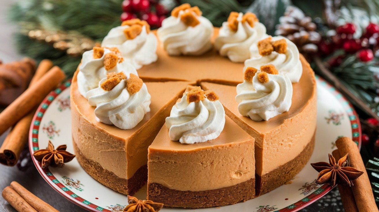 A slice of No-Bake Gingerbread Spice Cheesecake with whipped cream and gingerbread crumbs, set against a festive holiday backdrop.
