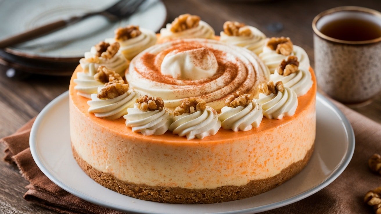 A slice of No-Bake Carrot Cake Cheesecake with cream cheese frosting and walnuts on a plate.