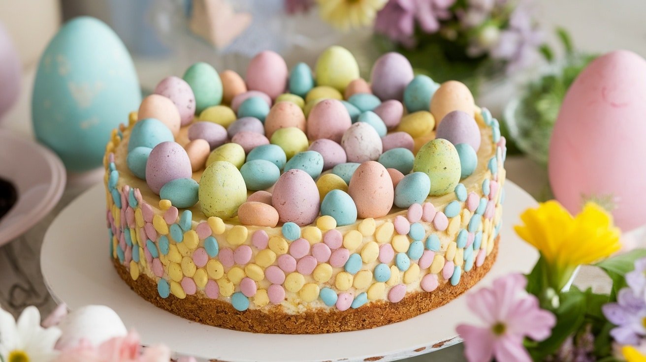 No-Bake Easter Egg Cheesecake topped with colorful candies on a decorated table.