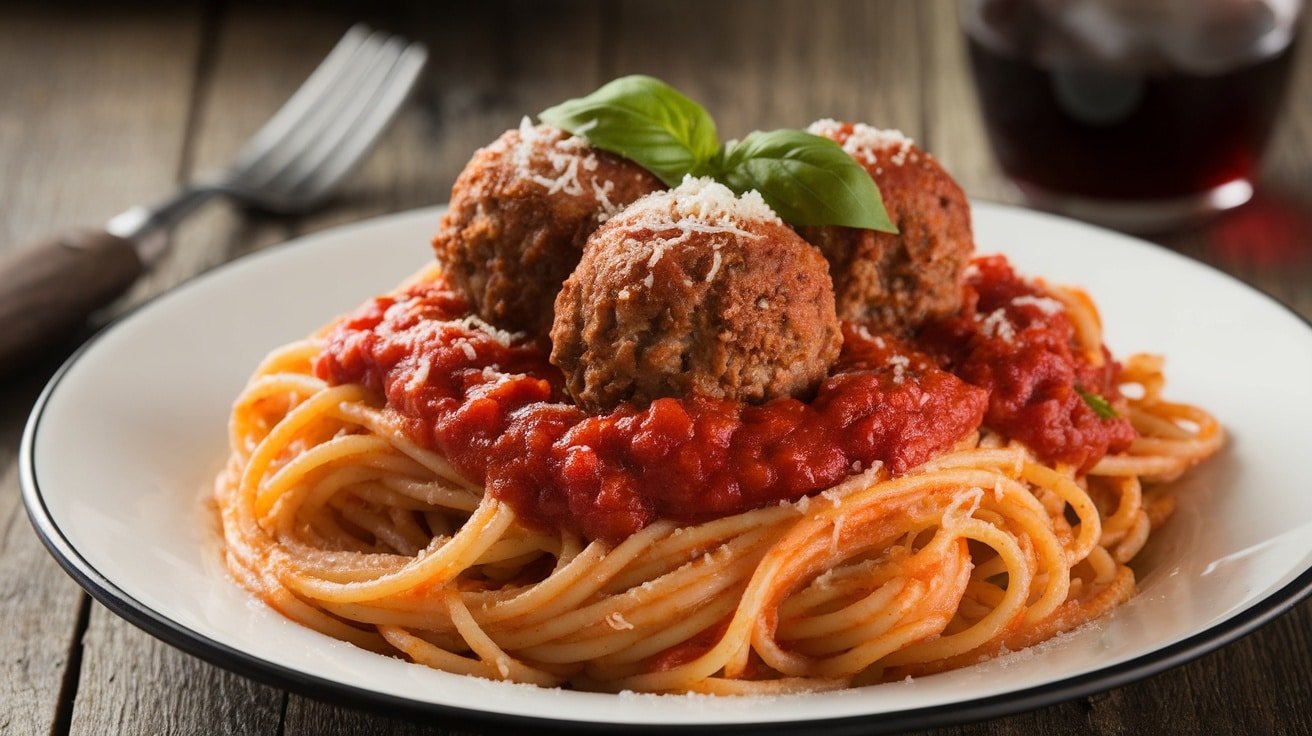 A delicious plate of spaghetti and meatballs with marinara sauce, garnished with Parmesan and basil on a rustic table.