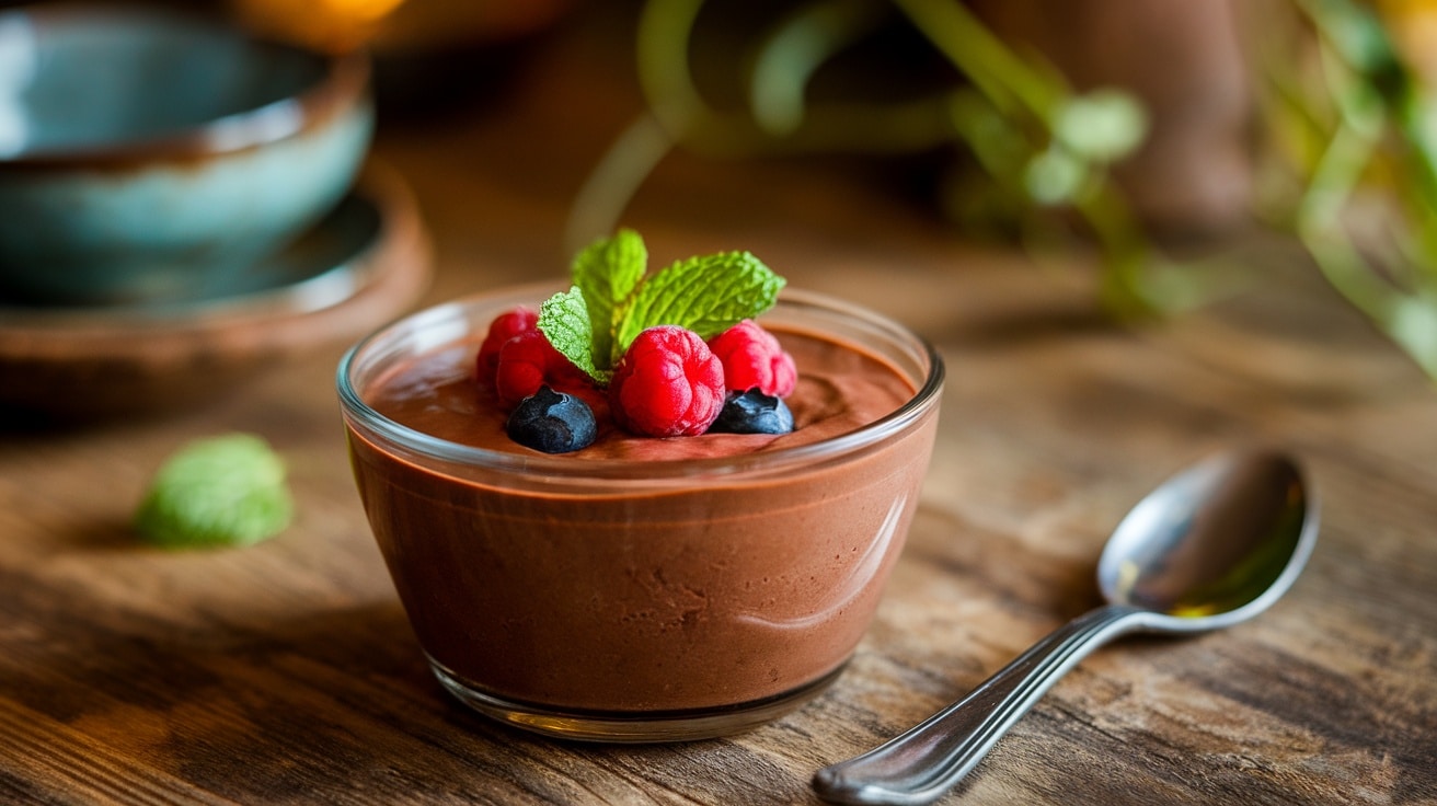 A bowl of avocado chocolate pudding topped with fresh berries and mint on a rustic wooden table.