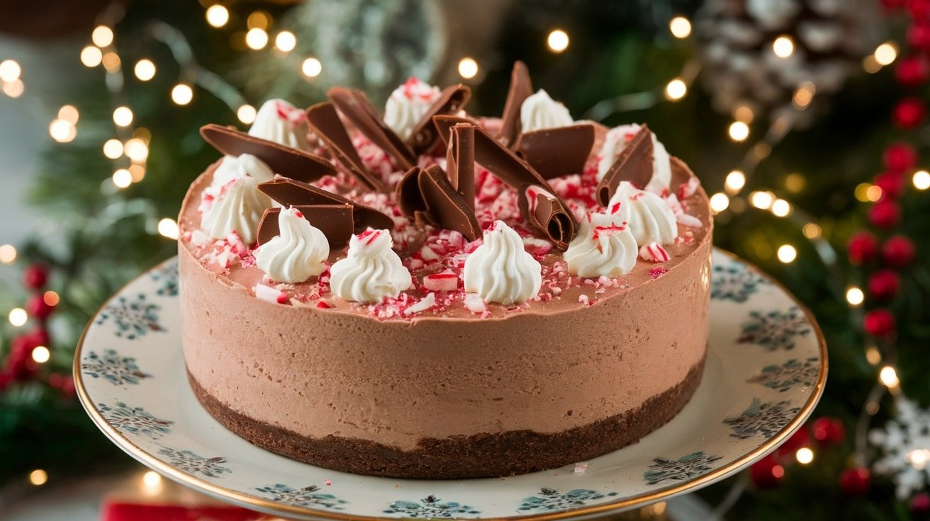 Slice of no-bake chocolate peppermint cheesecake with chocolate shavings and crushed peppermint on a decorative plate.