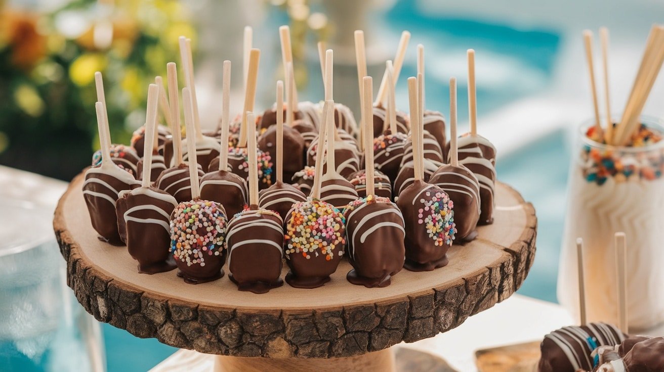 Frozen Mocha Banana Pops coated in chocolate, displayed on a wooden platter with colorful sprinkles.