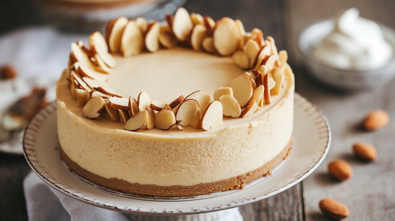 A No-Bake Almond Vanilla Cheesecake with almond slices on top, presented on a white plate on a rustic wooden table.