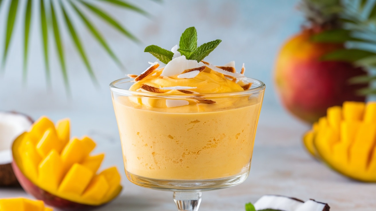 A vibrant glass of creamy coconut mango mousse garnished with toasted coconut and mint.