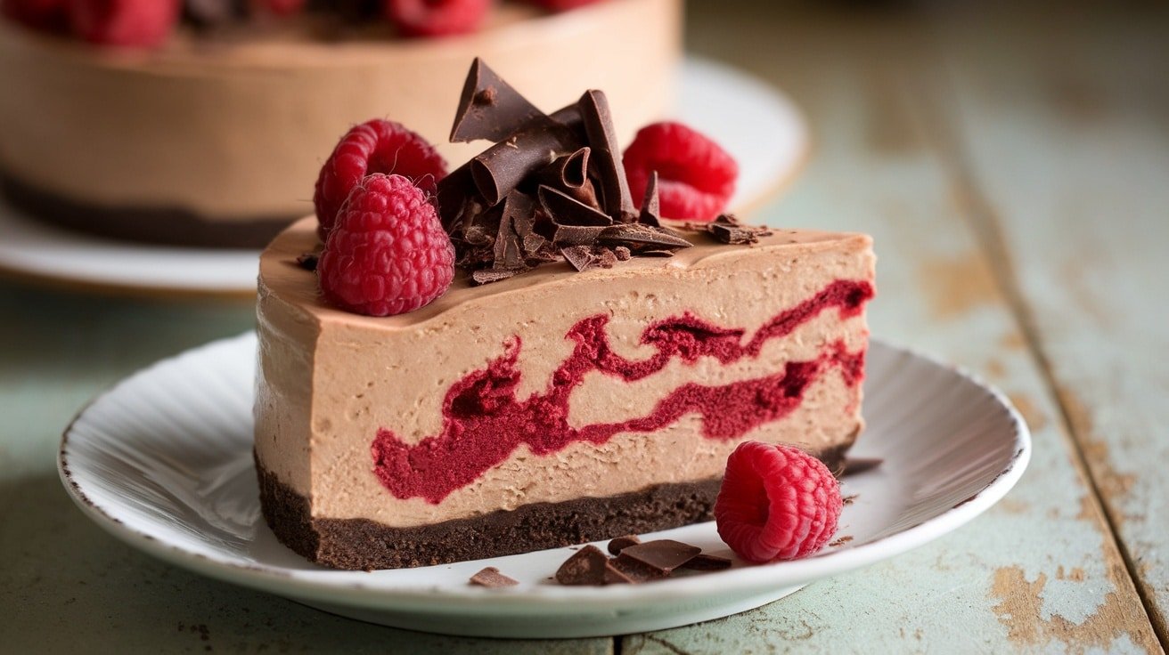 A slice of No-Bake Raspberry Mocha Cheesecake with chocolate shavings and raspberries on a rustic table.