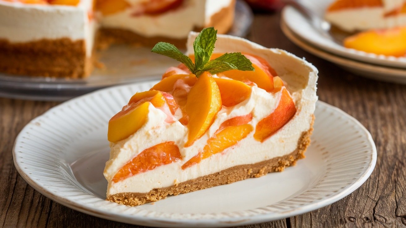 Slice of no-bake peach cobbler cheesecake with peach slices and mint on a white plate.
