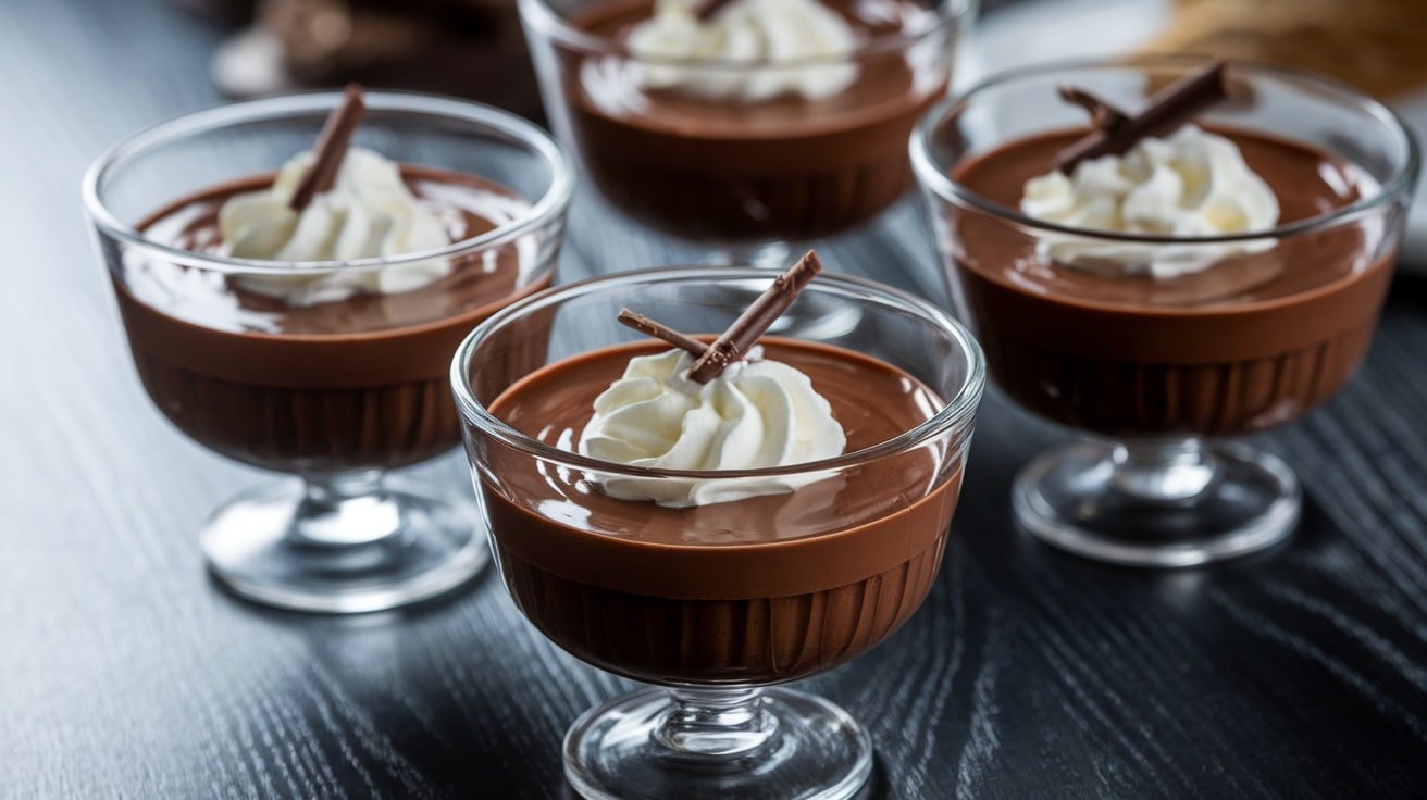 Elegant dark chocolate pots de crème garnished with chocolate shavings and whipped cream.