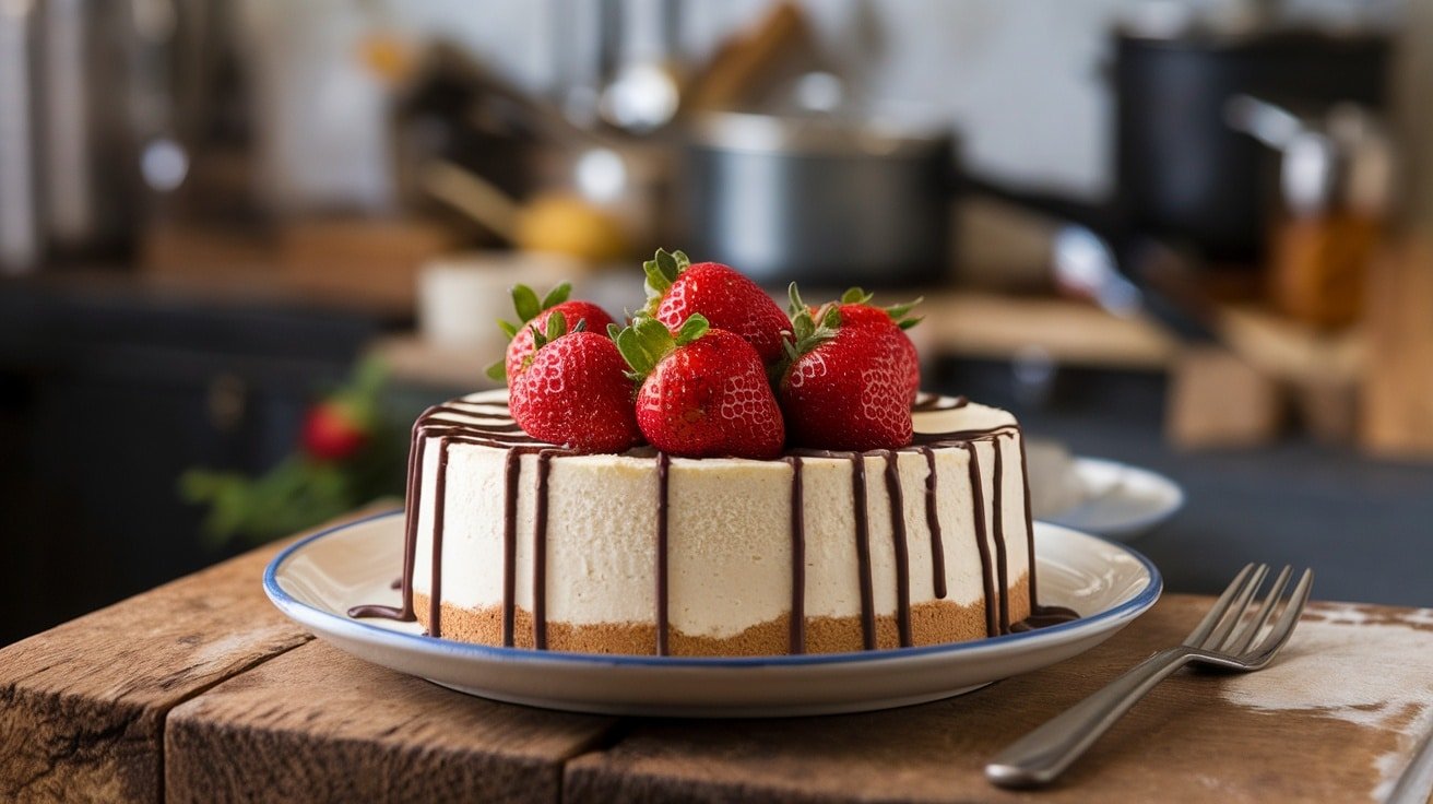 A No-Bake French Vanilla Cheesecake topped with strawberries and chocolate sauce on a rustic table.