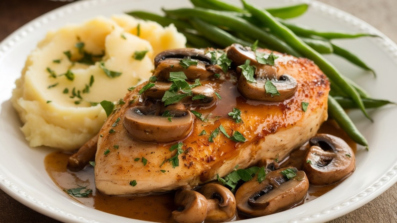 Chicken Marsala with mushrooms on a plate, garnished with parsley, served with mashed potatoes and green beans.