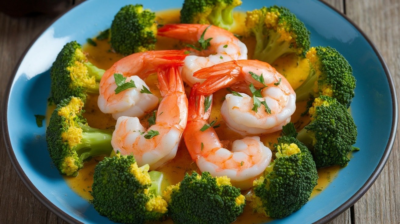 Plate of garlic butter shrimp and broccoli garnished with parsley on a rustic wooden table.