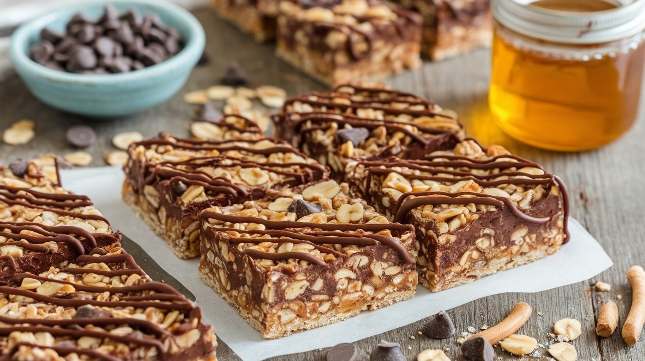 No-Bake Chocolate Chip Granola Bars on a wooden table, cut into squares, with chocolate chips and honey in the background.