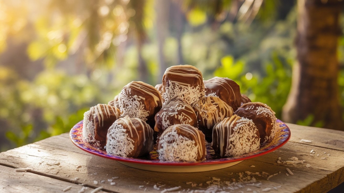 A plate of chocolate coconut date rolls coated in shredded coconut, presented on a wooden table.