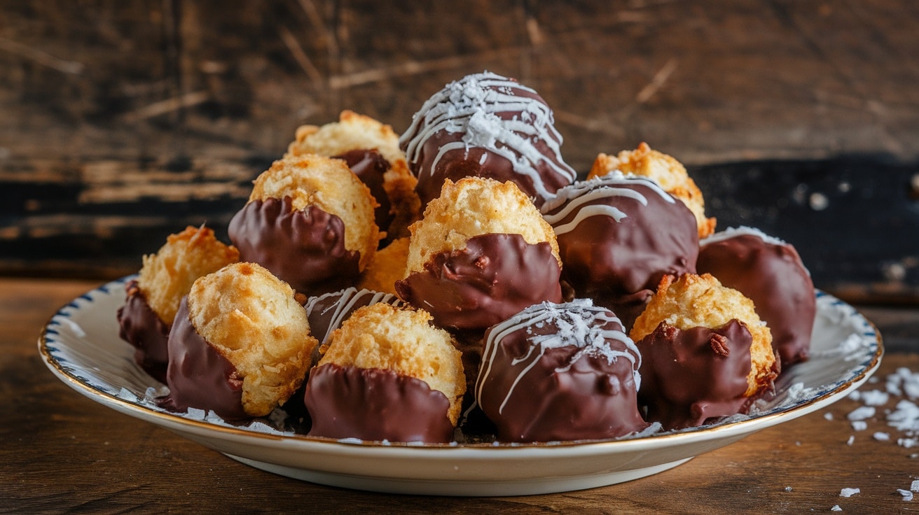 Chocolate-dipped coconut macaroons on a plate, garnished with shredded coconut against a rustic backdrop.