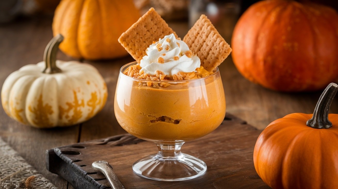 Elegant No-Bake Pumpkin Pie Mousse in dessert cup, topped with whipped cream and graham cracker crumbs, surrounded by autumn decorations.