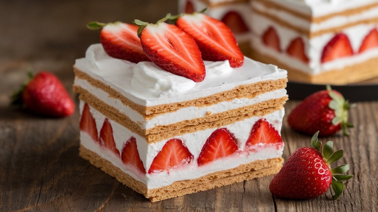 Sliced strawberry icebox cake with layers of graham crackers and strawberries on a rustic table.