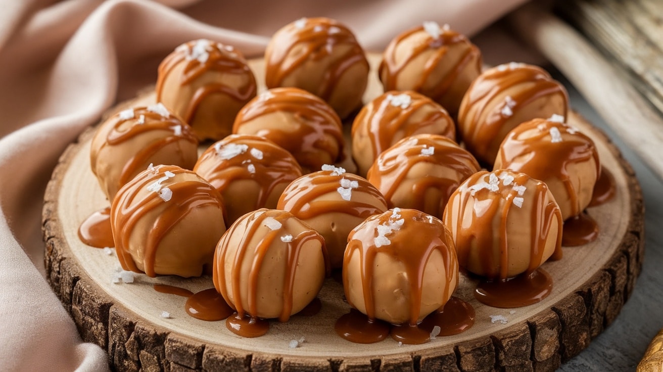 Delicious no-bake salted caramel peanut butter bites drizzled with caramel on a wooden platter.