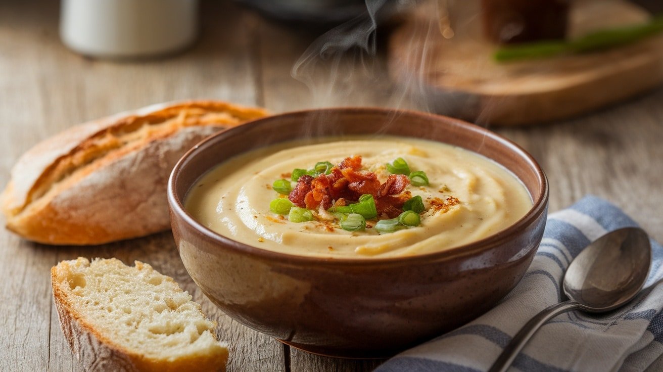A creamy potato soup garnished with bacon and green onions on a wooden table with bread.