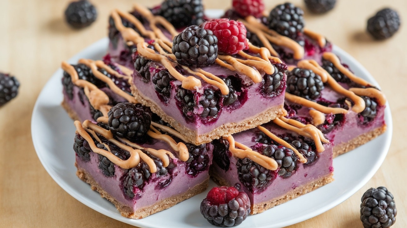 A plate of No-Bake Blackberry Almond Butter Bars, garnished with fresh blackberries and almond slices.