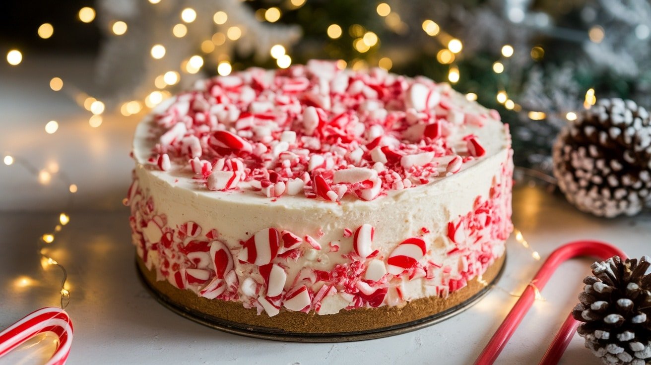 Festive no-bake candy cane cheesecake topped with crushed candy canes, set on a holiday-themed table.