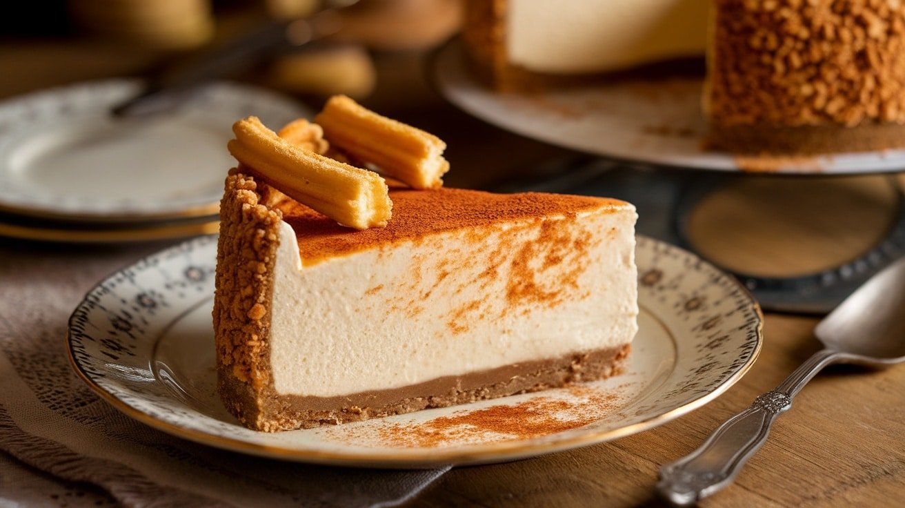 Slice of No-Bake Dulce de Leche and Churro Cheesecake with churro garnish on a rustic plate.