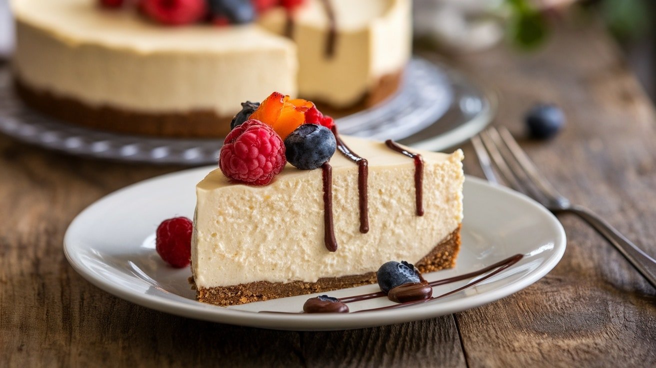 Slice of No-Bake Italian Ricotta Cheesecake with berries and chocolate drizzle on a wooden table.