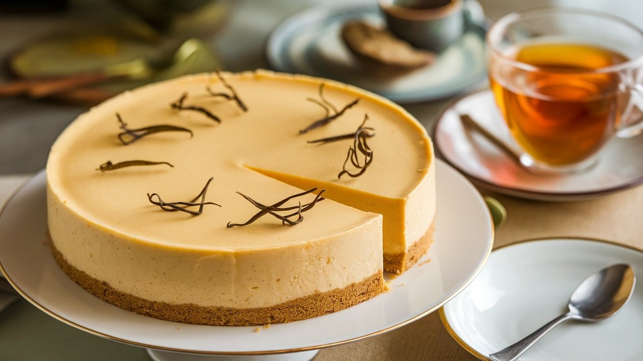 A slice of No-Bake Thai Tea Cheesecake on a plate, showcasing its creamy filling and graham cracker crust, with a cup of Thai tea in the background.