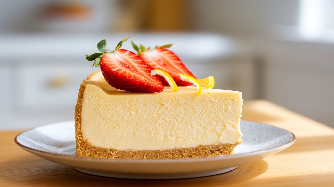 A slice of No-Bake Strawberry Lemonade Cheesecake with strawberries and lemon zest on a plate.