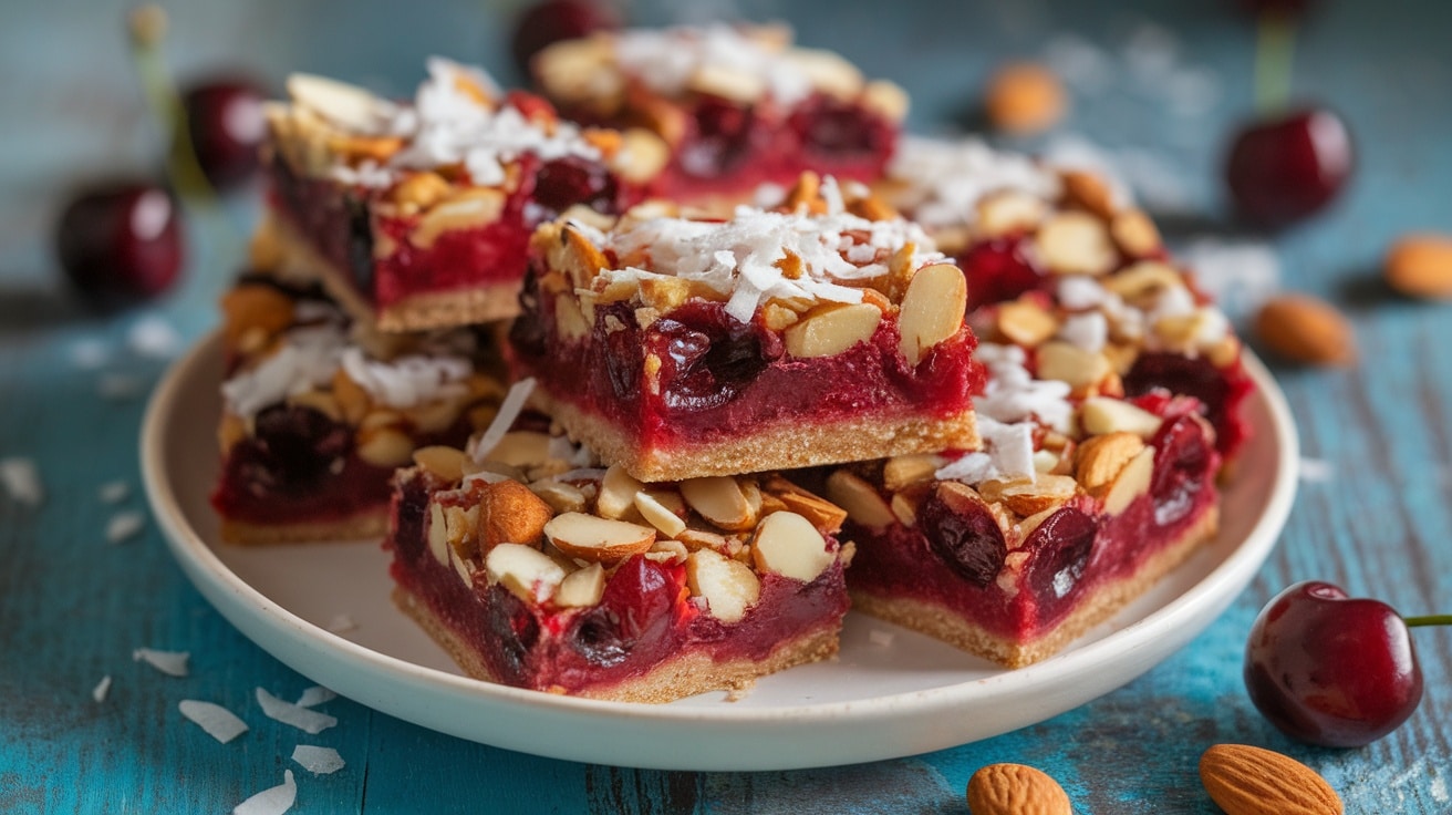 No-Bake Cherry Almond Bars on a plate, garnished with coconut, surrounded by cherries and almonds on a wooden table.