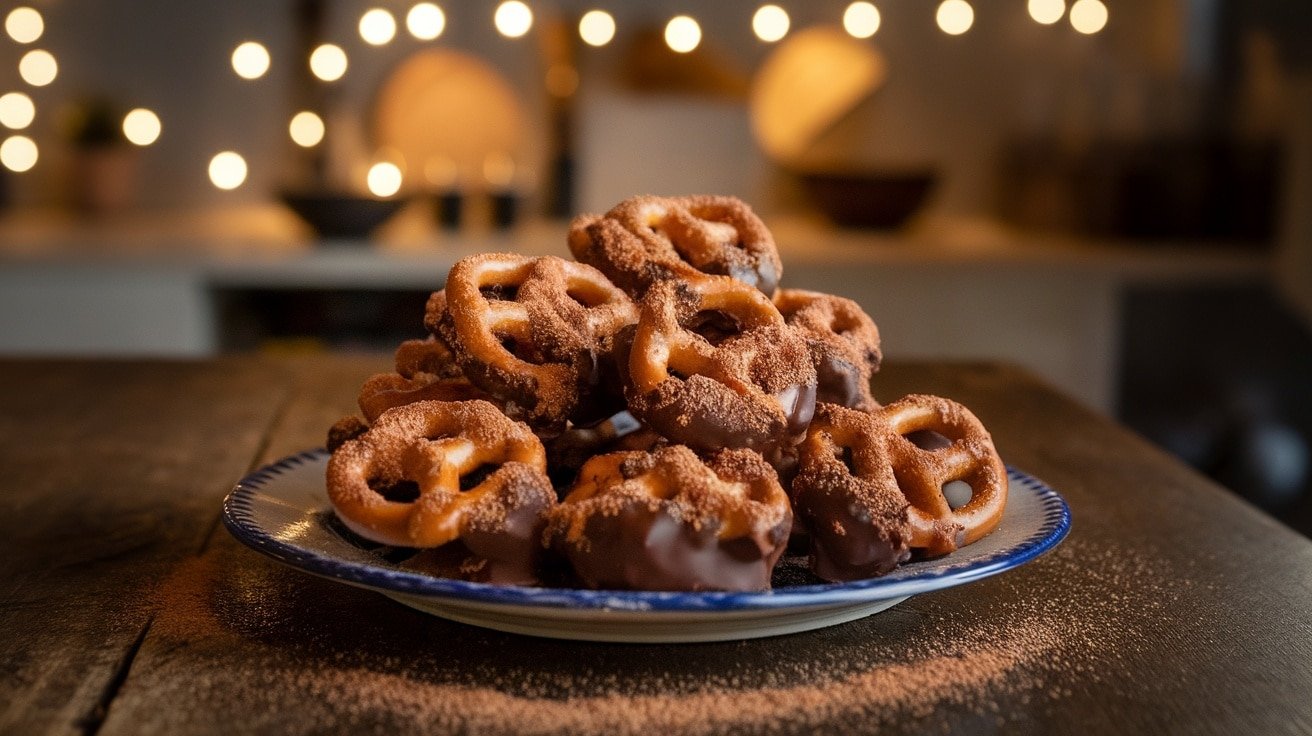 A plate of No-Bake Cinnamon Sugar Pretzel Bites coated in chocolate and cinnamon sugar on a rustic table.