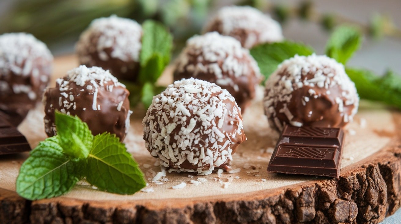 No-Bake Mint Chocolate Energy Bites on a wooden platter, garnished with coconut and mint leaves.