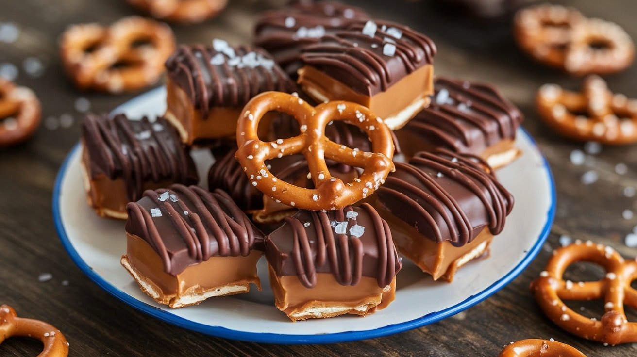 Delicious no-bake Sweet and Salty Pretzel Caramel Bites on a plate, drizzled with chocolate and sprinkled with sea salt.