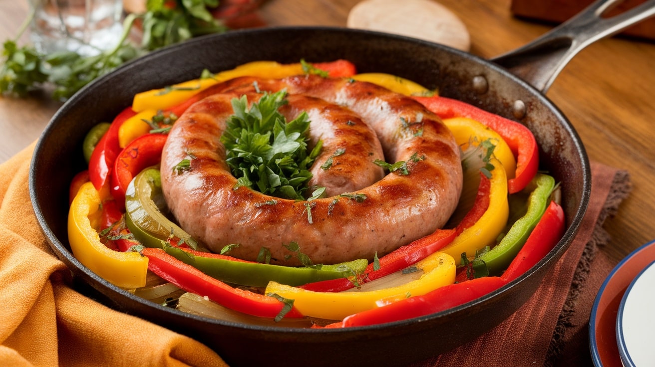 A hearty one-pan sausage and peppers dish with colorful bell peppers and onions in a skillet.