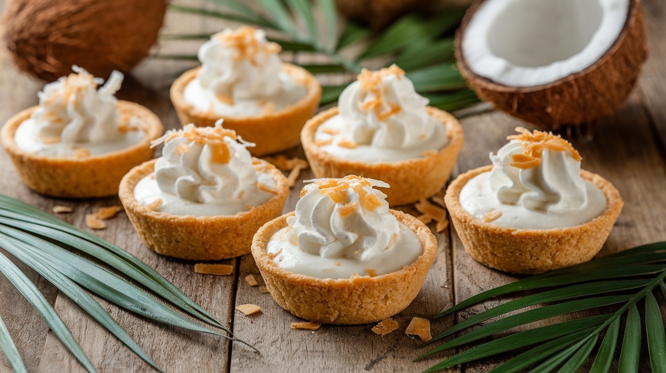 No-bake coconut cream pie cups topped with whipped cream and toasted coconut flakes, displayed on a wooden table.