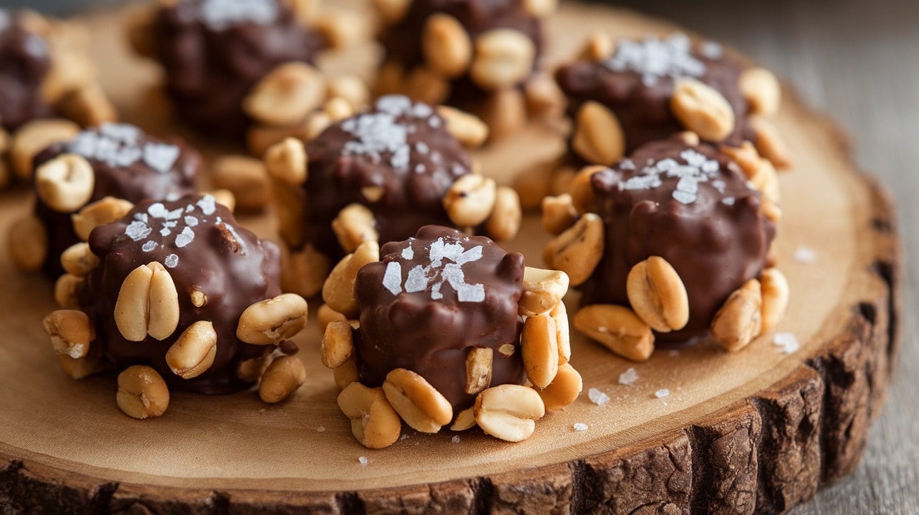 Close-up image of No-Bake Salted Peanut Clusters on a wooden platter, garnished with sea salt.