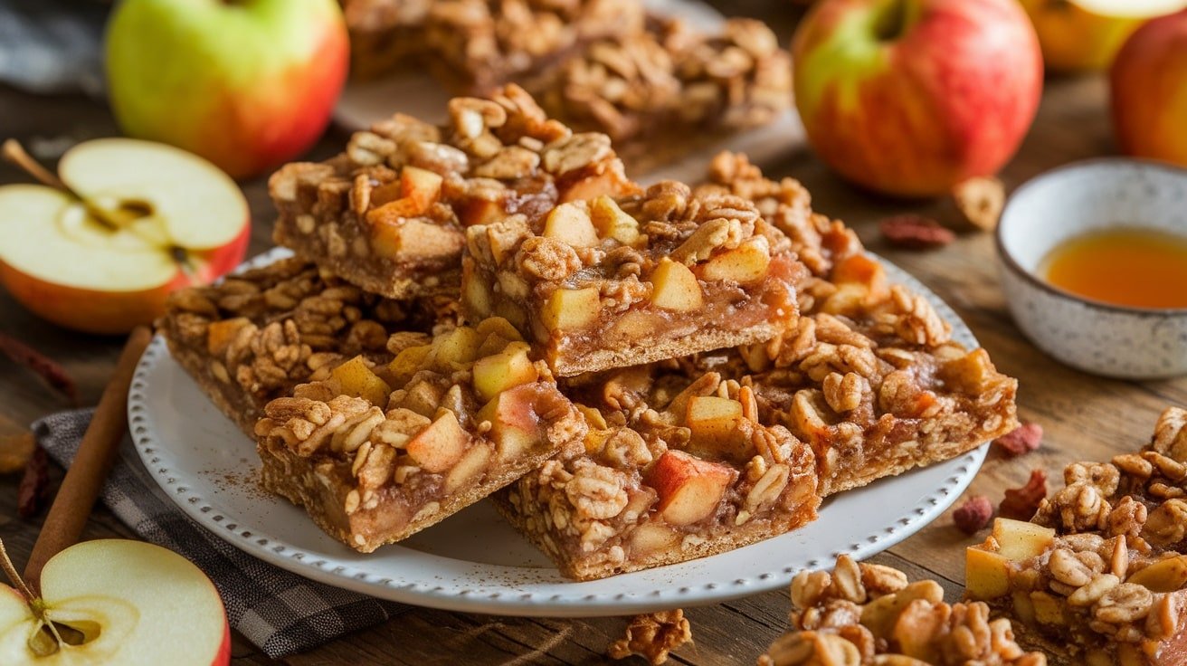 Homemade No-Bake Apple Pie Granola Bars on a rustic wooden plate with apple slices and honey.