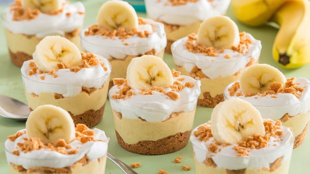 No-Bake Banana Pudding Pie Cups layered with banana pudding and whipped cream, garnished with banana slices and graham crackers.