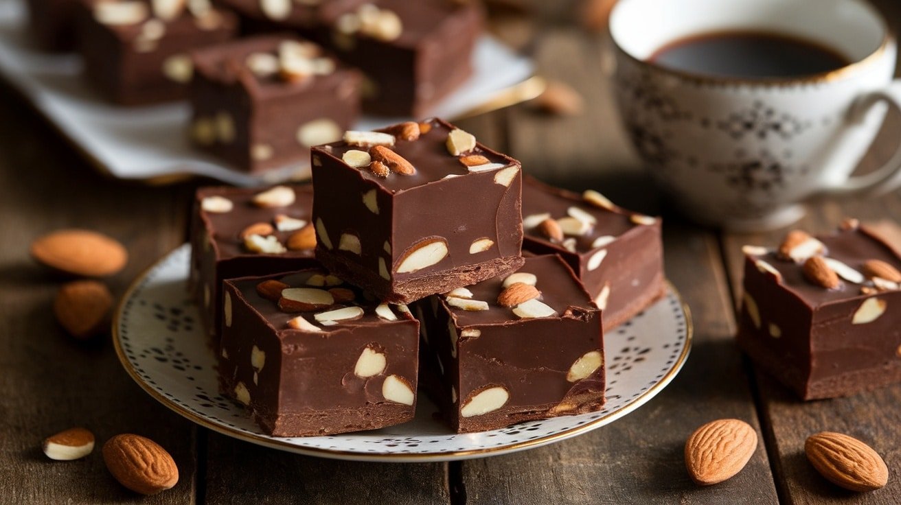 Delicious dark chocolate almond fudge squares with almonds, served on a rustic wooden table.