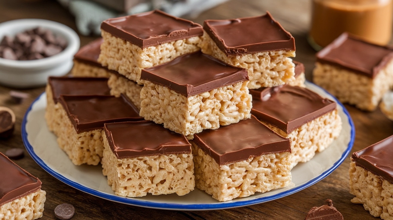 Delicious No-Bake Peanut Butter Chocolate Rice Krispie Treats arranged on a plate with chocolate topping, on a wooden table.