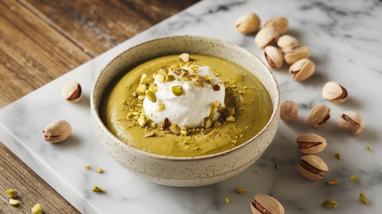 Creamy pistachio pudding in a bowl, garnished with whipped cream and chopped pistachios on a marble surface.