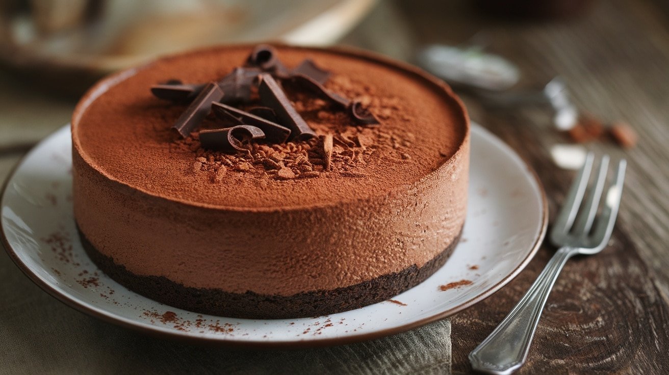 Slice of No-Bake Dark Chocolate Cheesecake with Espresso Crust topped with cocoa powder and chocolate shavings on a white plate.
